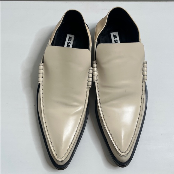 JIL SANDER Glossed Leather Cream Collapsible Heel Point Toe Loafers Sz 37 - Picture 9 of 14